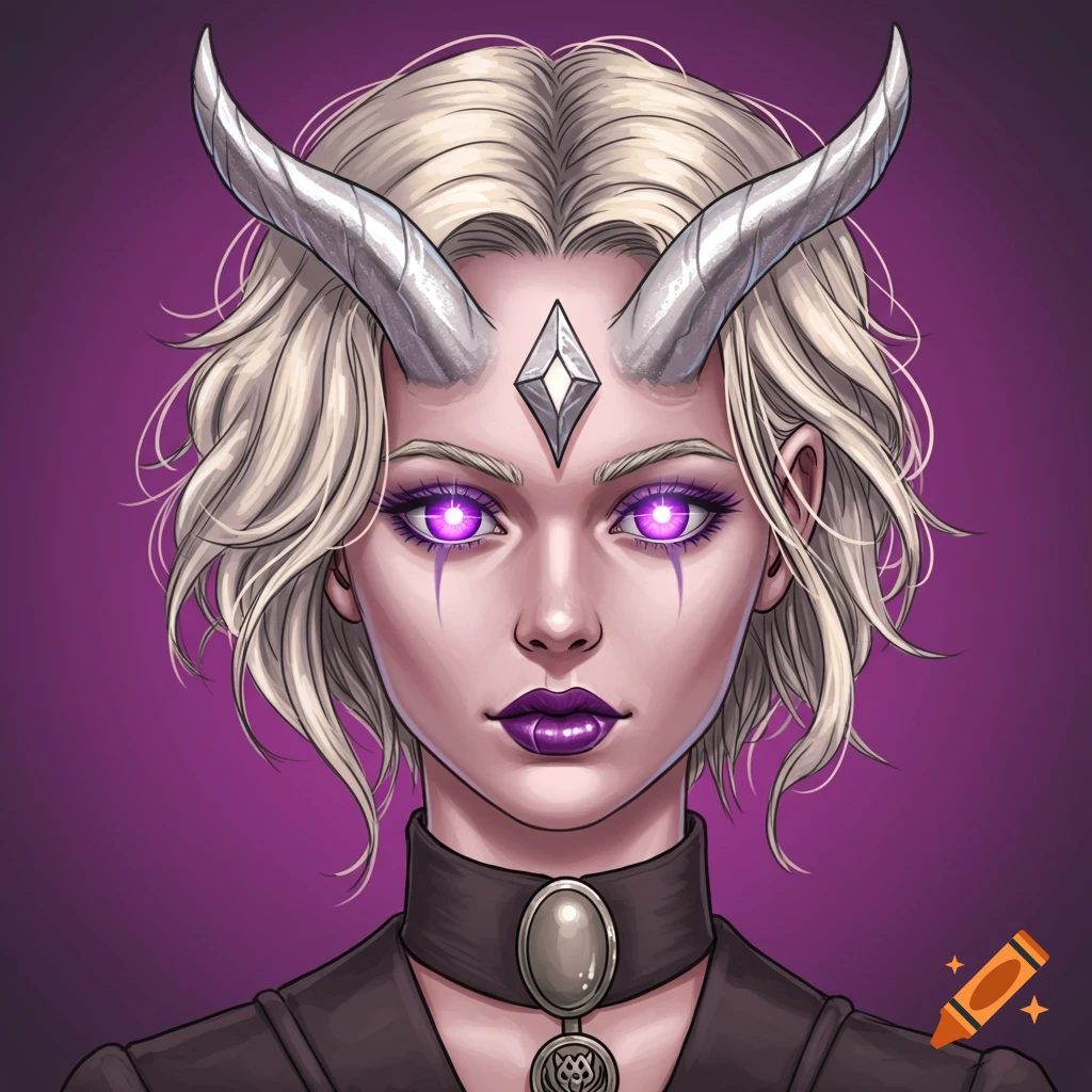 Western comic style illustration of a woman with silver horns, glowing purple eyes, and blonde hair.