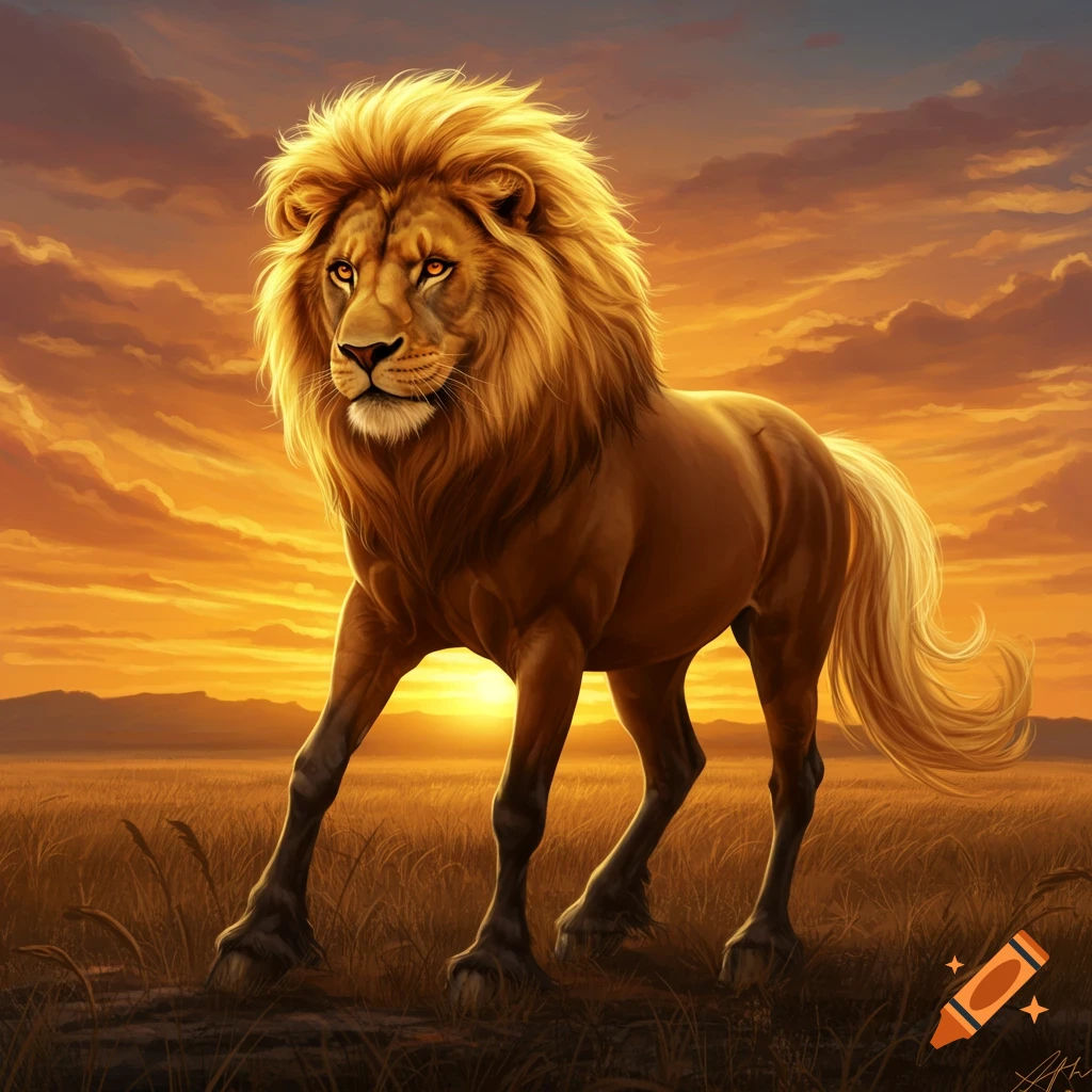 A lion-horse hybrid creature stands in a field at sunset.