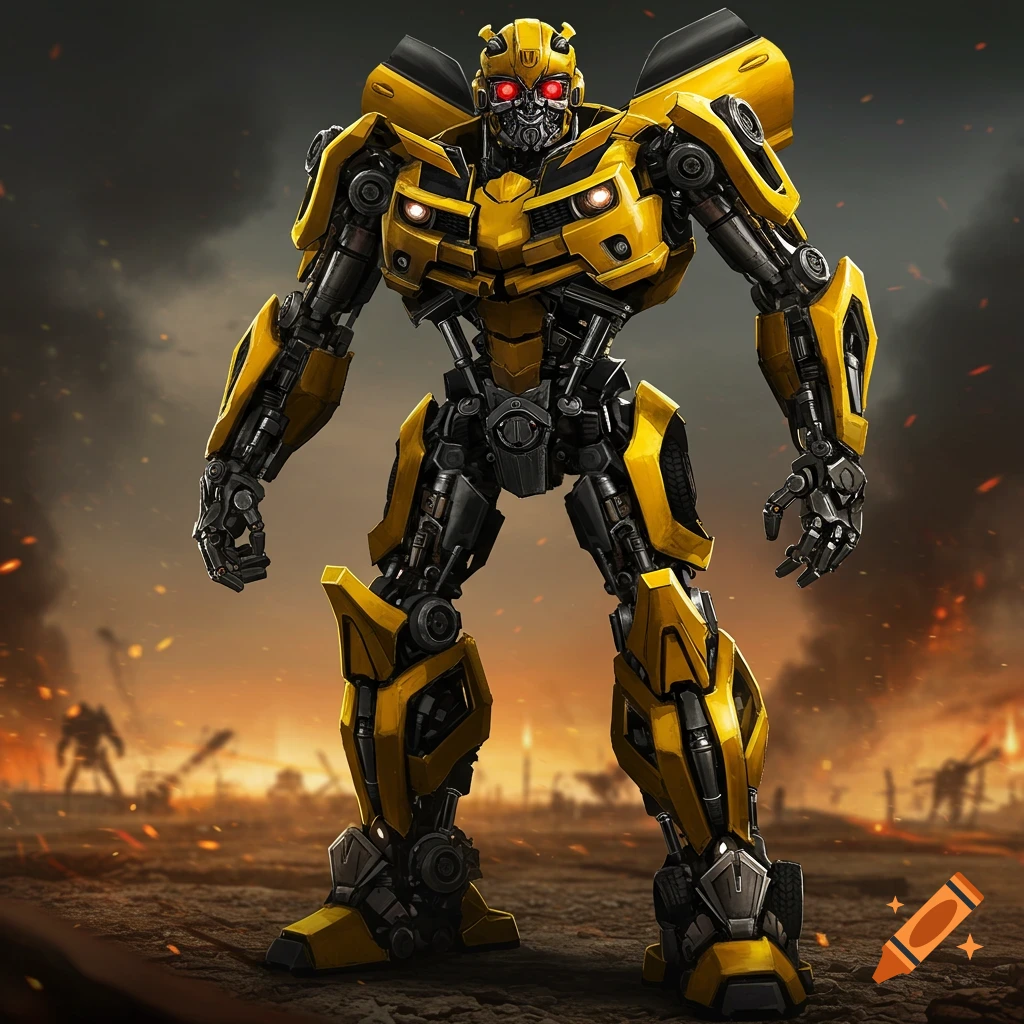 A yellow and black robot stands on a battlefield with debris and smoke in the background.