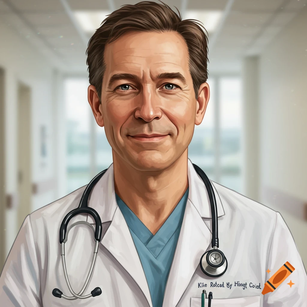 A smiling doctor wearing a white coat and stethoscope poses for a portrait in a hospital hallway.