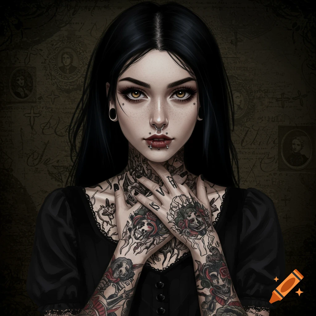 A gothic woman with black hair, brown eyes, face piercings, and extensive tattoos on her neck and arms.
