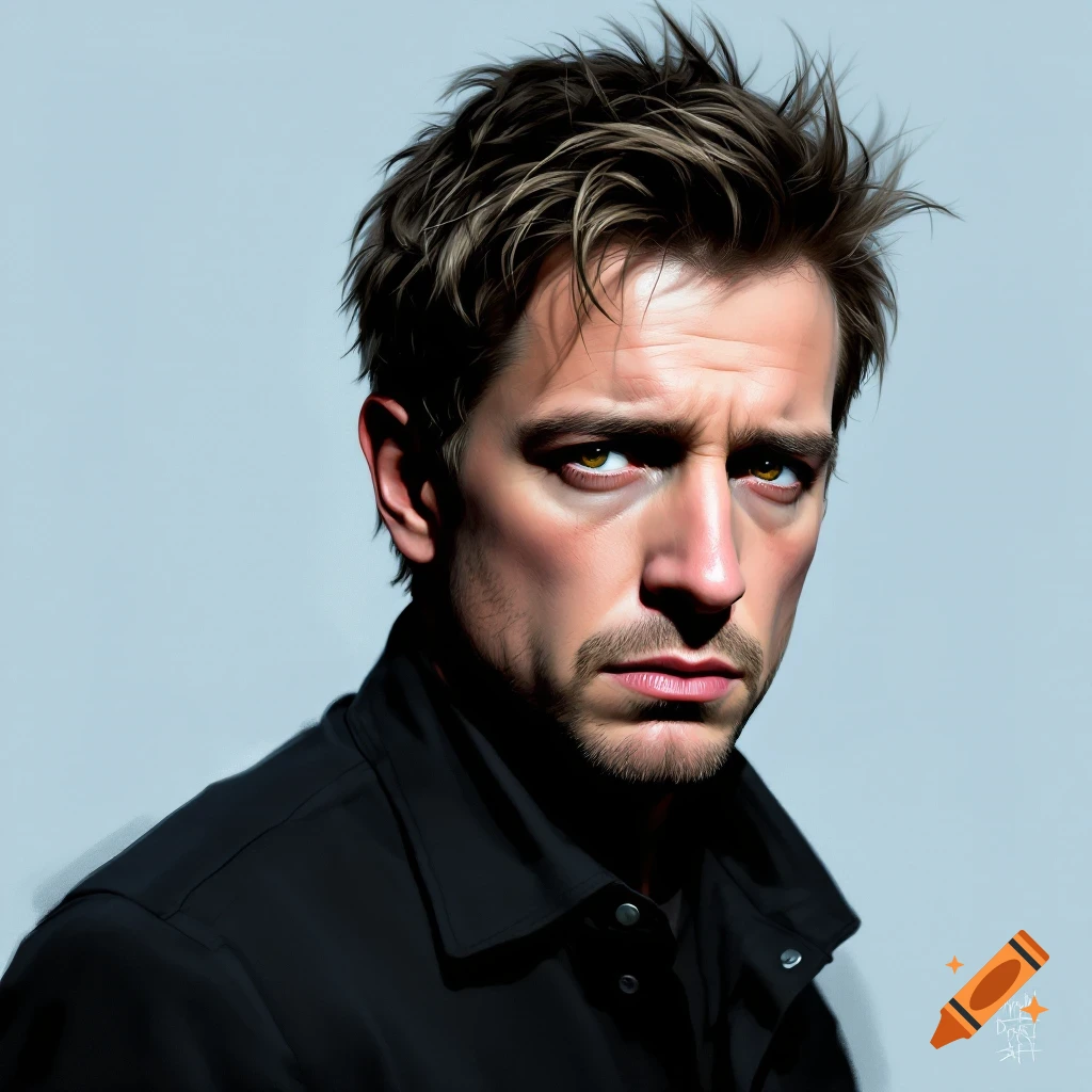 Close-up portrait of a man with messy hair and a serious expression, wearing a black shirt.
