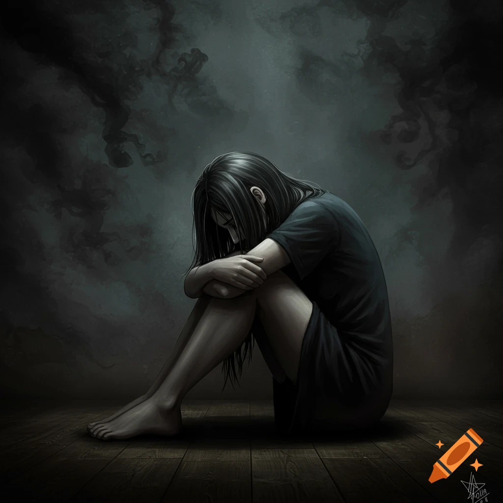 Illustration of a woman curled up on the floor in a dark, smoky room.