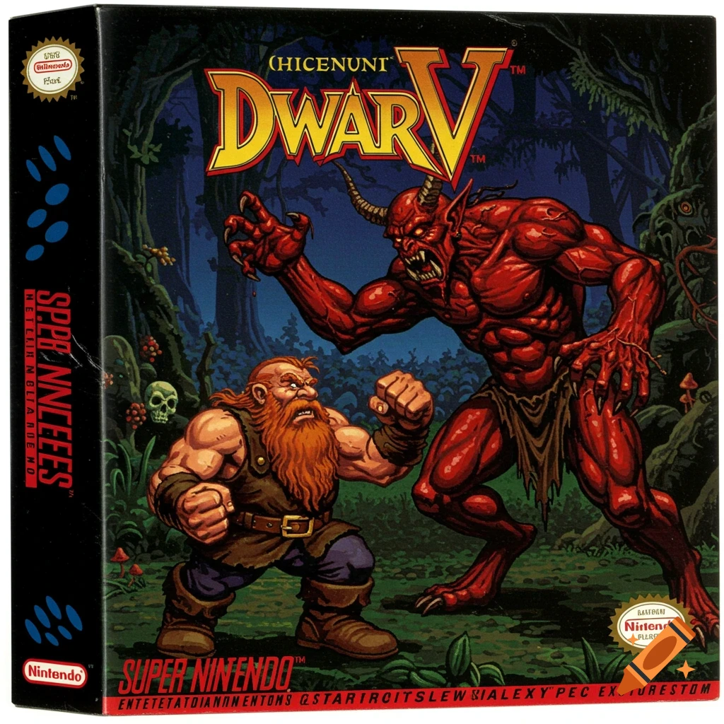 SNES game box cover showing a dwarf fighting a red demon in a forest.