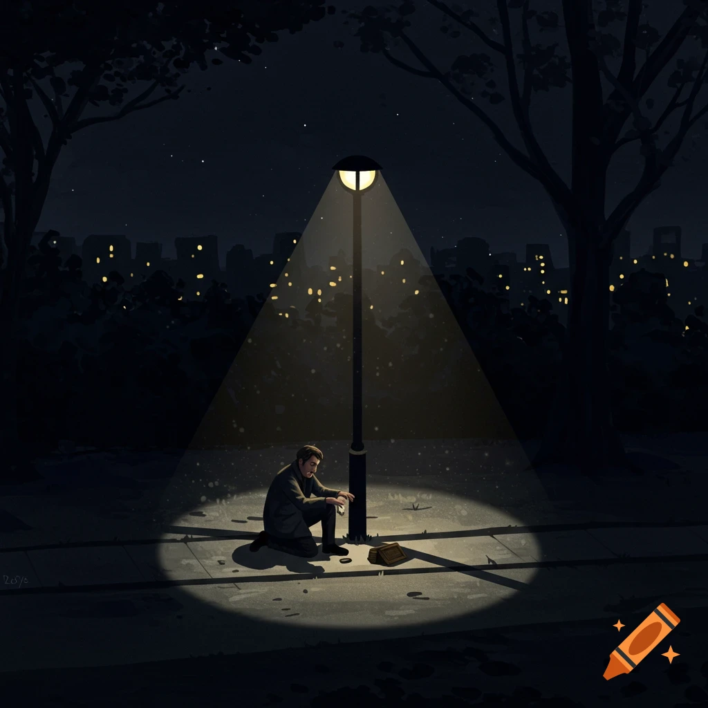 Illustration of a man kneeling under a streetlamp on a dark street at night.
