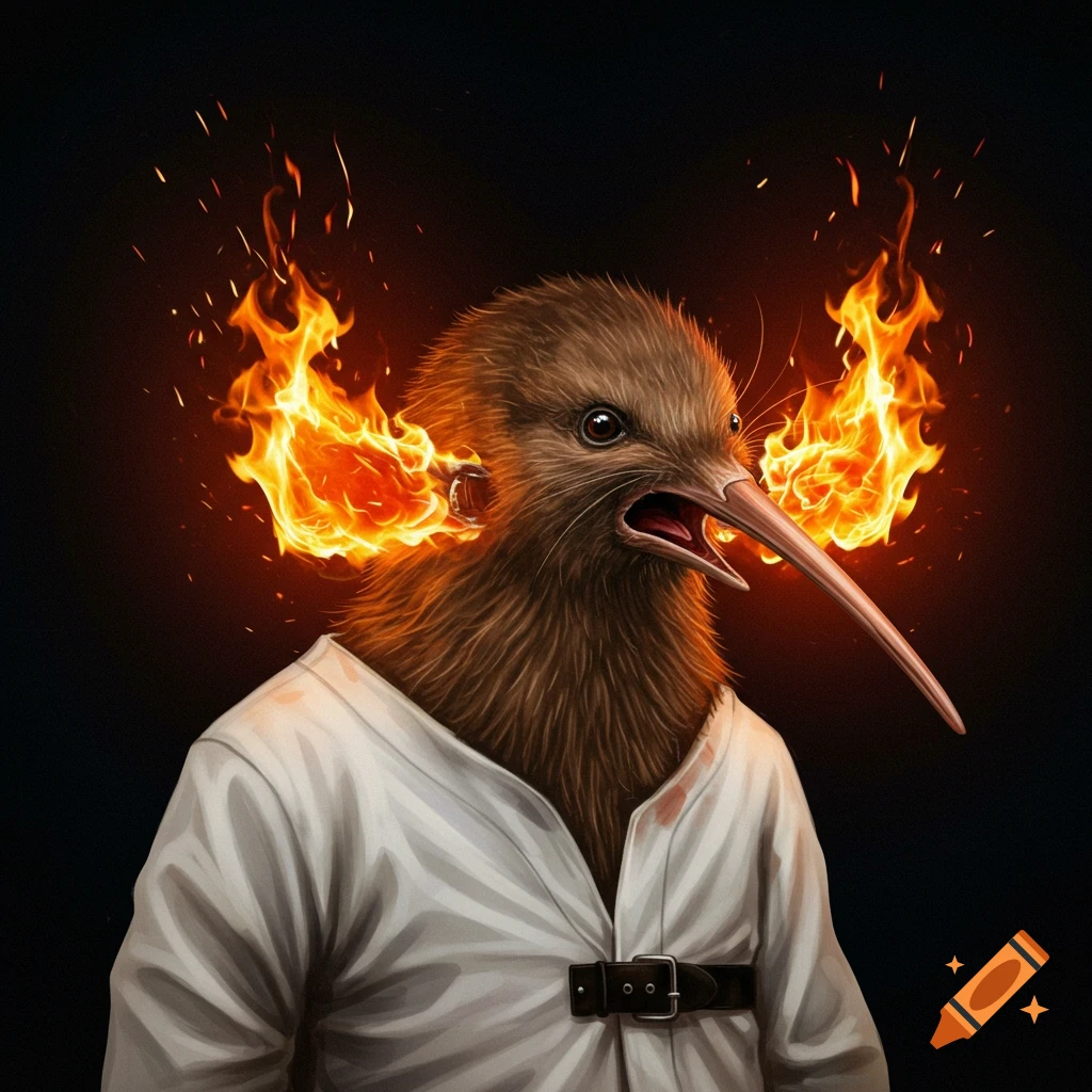 A kiwi bird in a straight jacket with fire shooting from its ears.