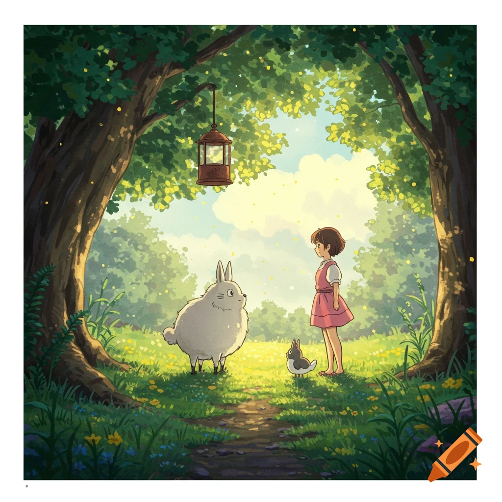 A girl and rabbits in a sunny forest clearing, Ghibli style illustration.
