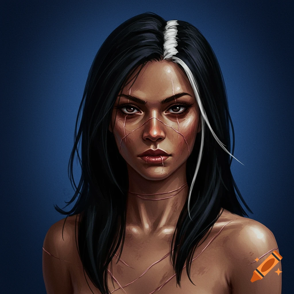 A woman with black hair, a white streak, and facial scars.