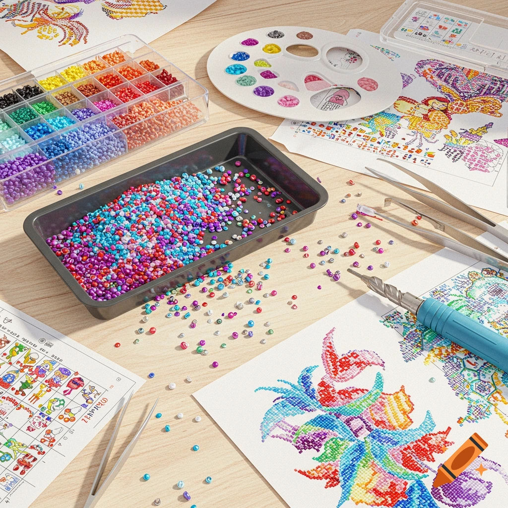 Diamond art supplies scattered on a wooden table, including beads, a tray, a palette, tweezers, and a drill pen.