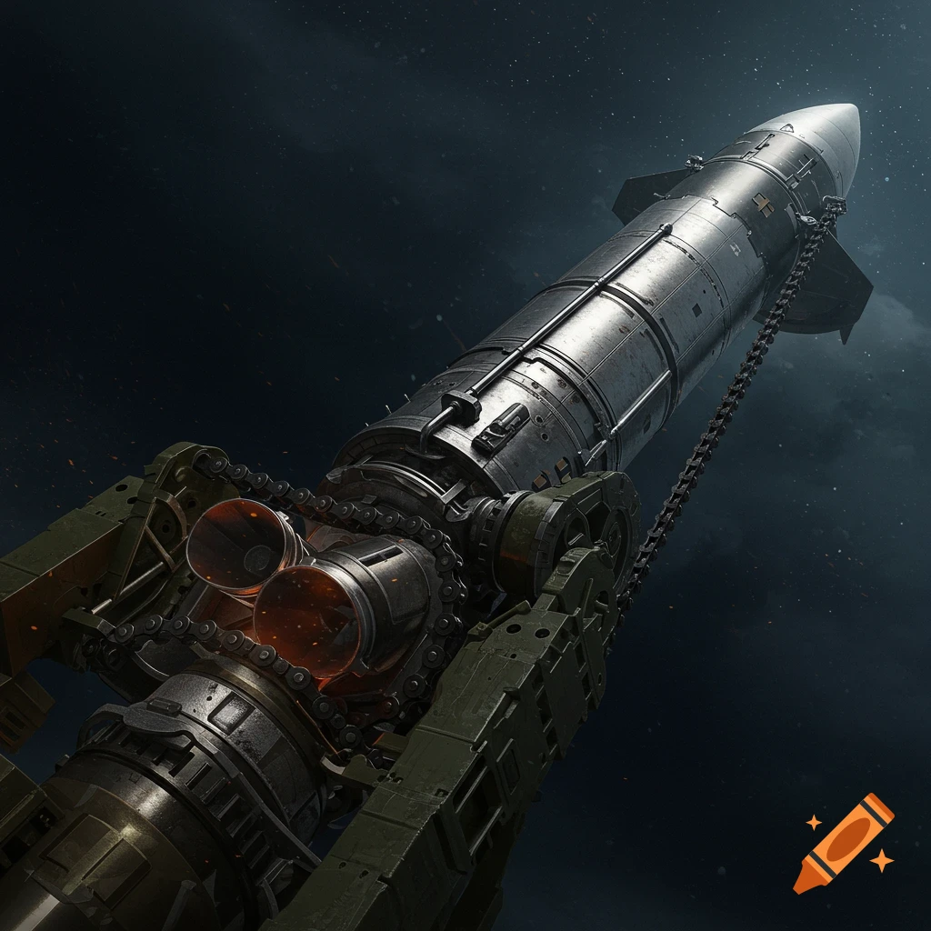 A detailed view of a large missile on a mechanical, chain-fed launcher against a dark sky.