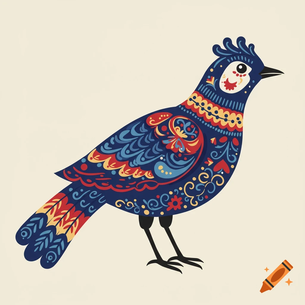 Stylized bird in Nordic folk art style.