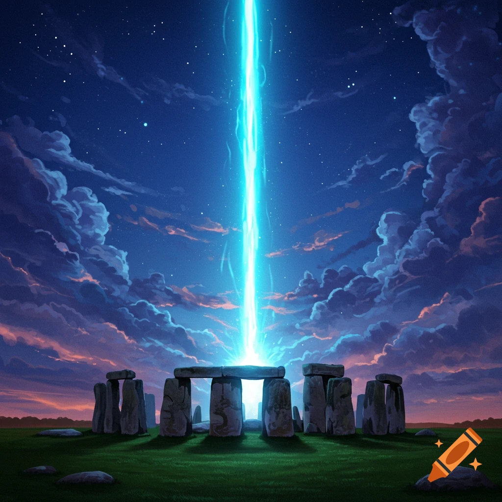 Stonehenge at night with a blue light beam shooting into a starry sky.