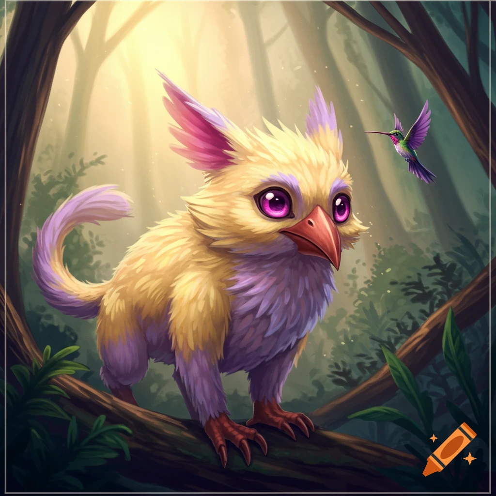 A cute yellow and purple fantasy creature with pink eyes and a beak sits on a branch, looking at a hummingbird in a forest.