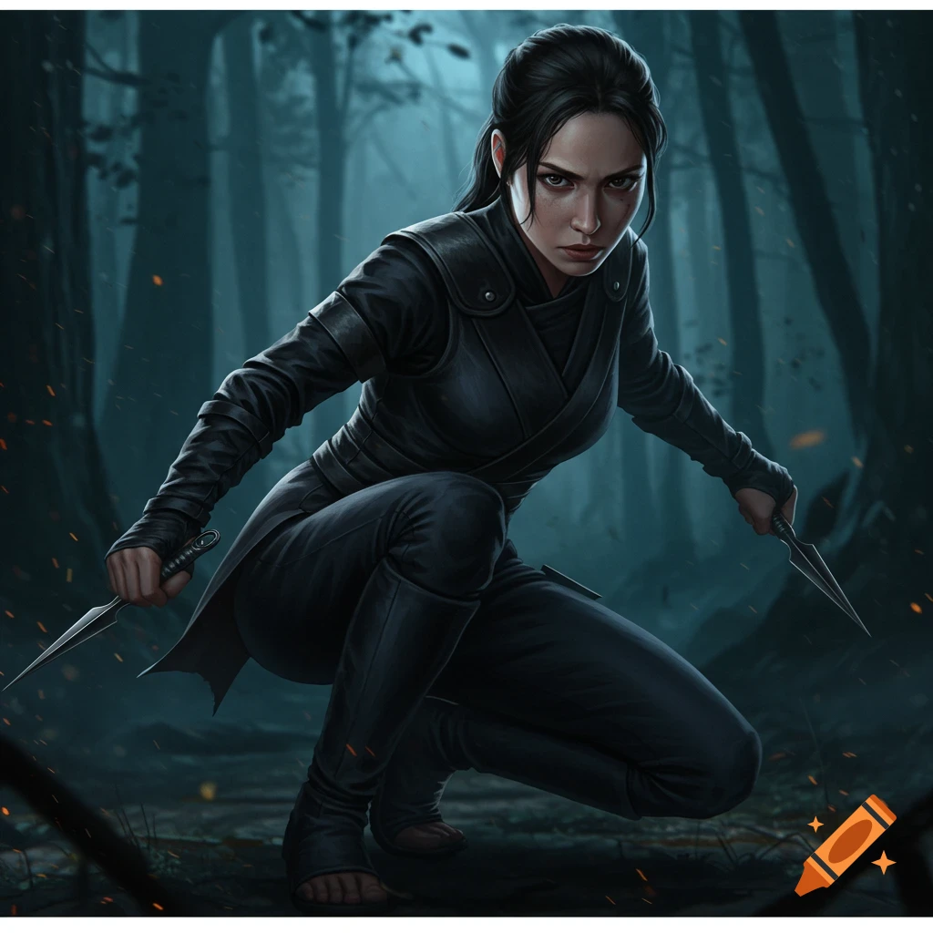 A dark-haired female ninja kneels in a dark forest, holding daggers.