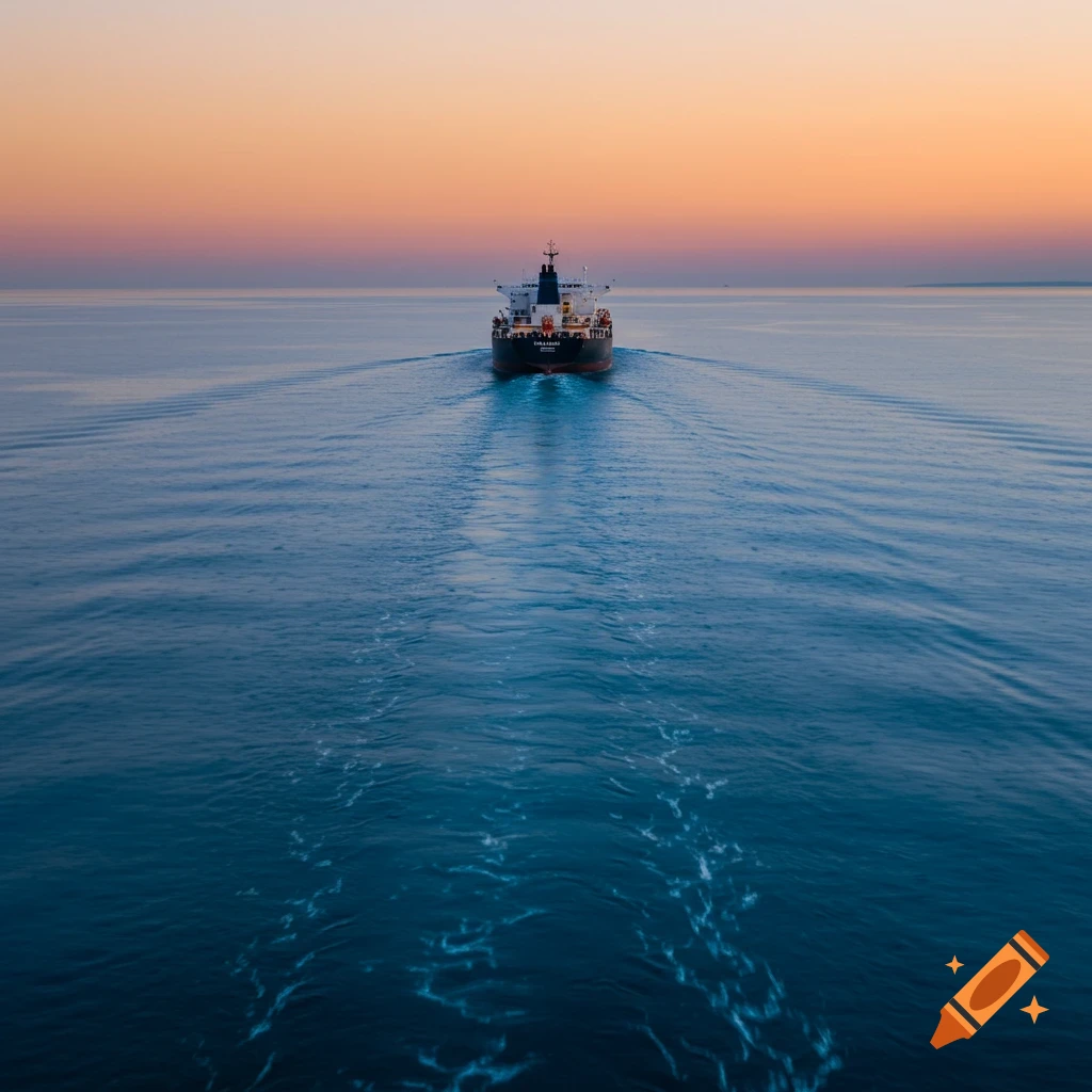 Photorealistic image of a cargo ship sailing away on calm blue water towards an orange and purple sunset sky.
