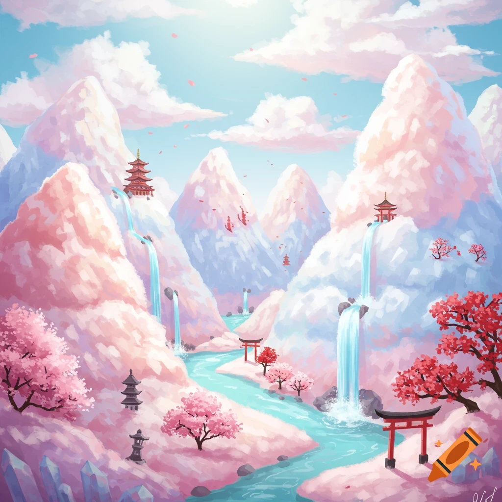Stylized Japanese landscape with pink mountains, waterfalls, pagodas, torii gates, and cherry blossoms.