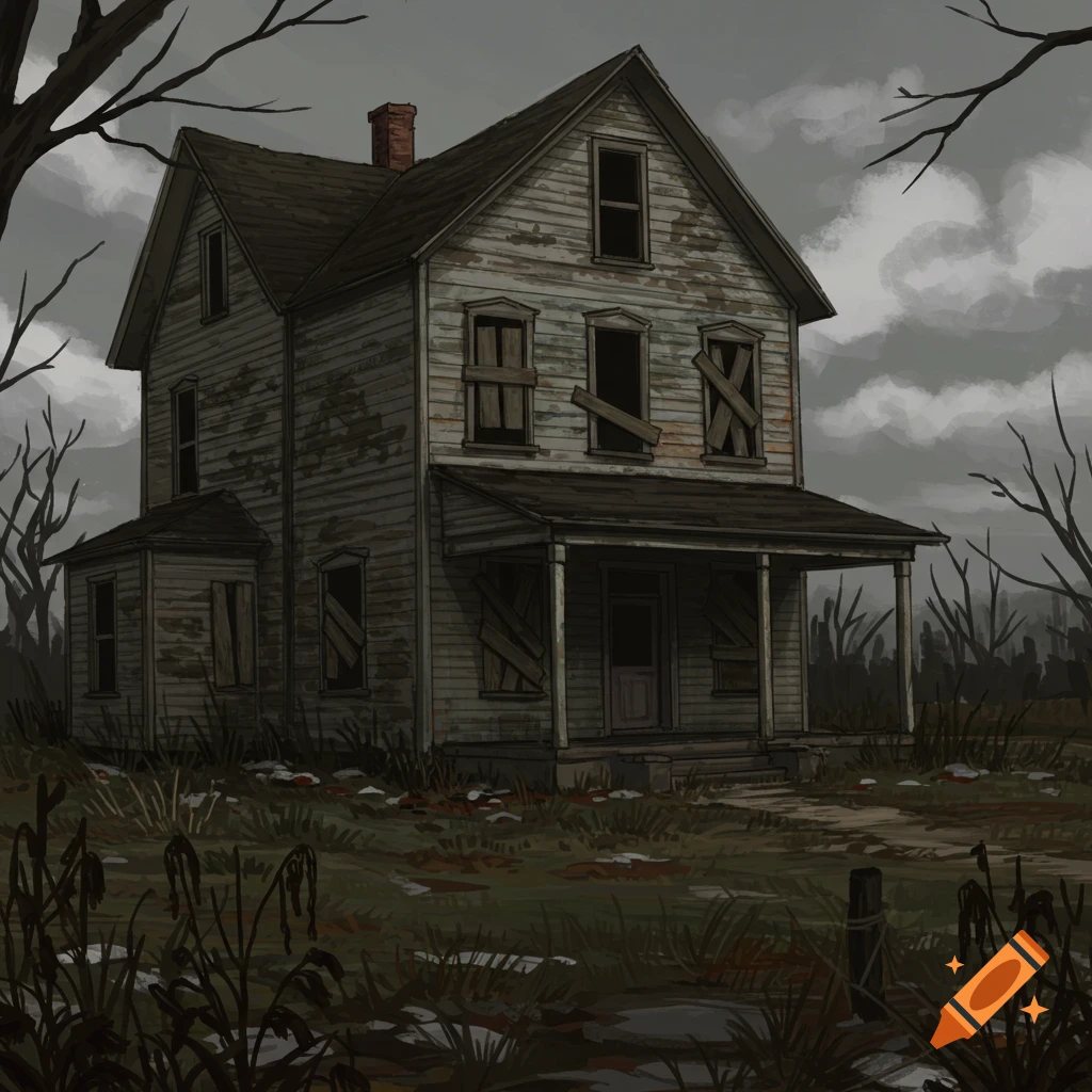 An old, decaying wooden house stands under a cloudy sky in a dark, overgrown landscape. Windows are boarded.