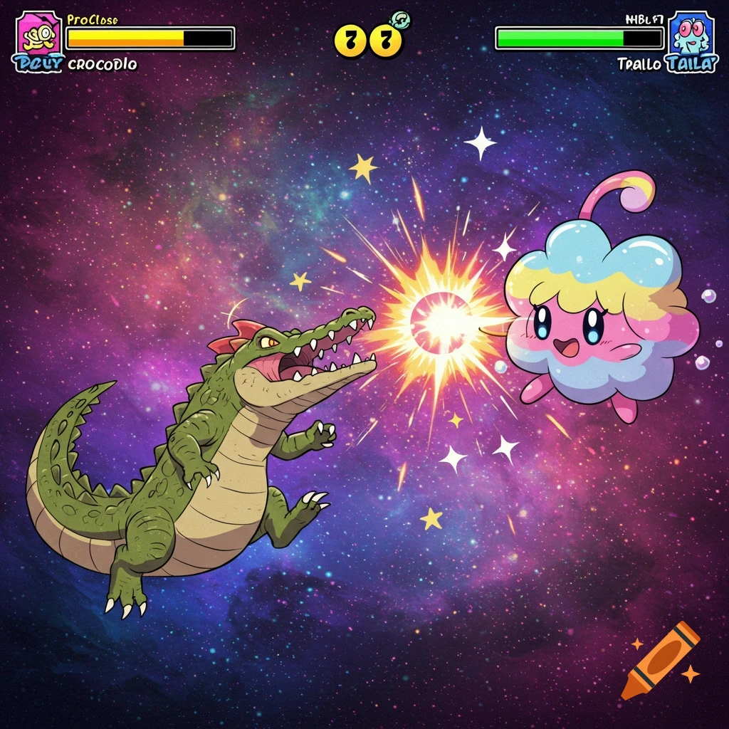 Cartoon crocodile fights a pink cloud creature in space with a fighting game UI.