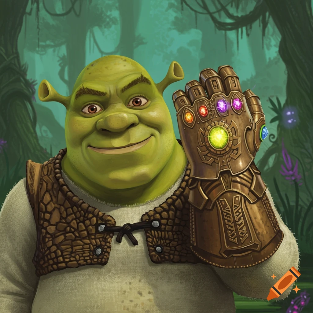 Shrek the ogre holds up the glowing Infinity Gauntlet in a forest