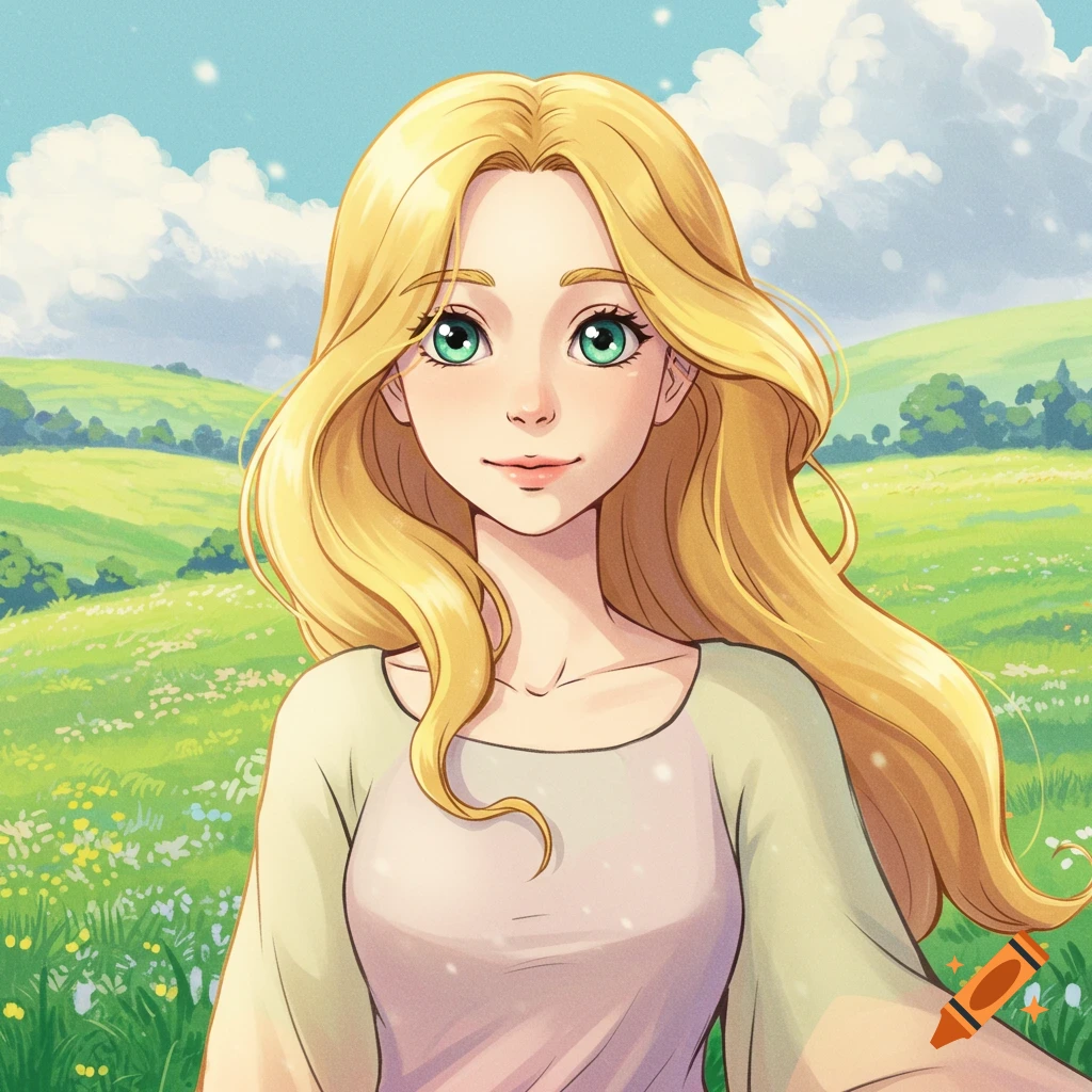 A blonde woman with green eyes stands in a grassy field in a Studio Ghibli animation style.