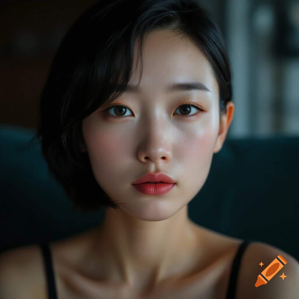 Photorealistic portrait of a young woman with short black hair and makeup