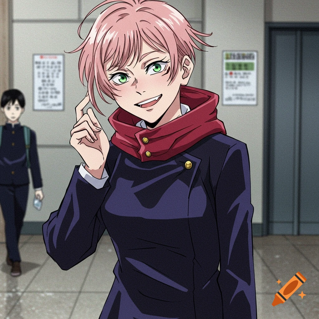 An anime girl with pink hair and green eyes in a school hallway.
