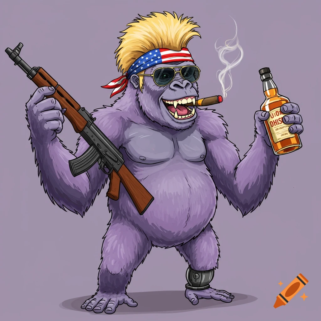 Cartoon purple gorilla with mullet, American bandana, sunglasses, smoking a cigar, holding a whiskey bottle and an AK-47.