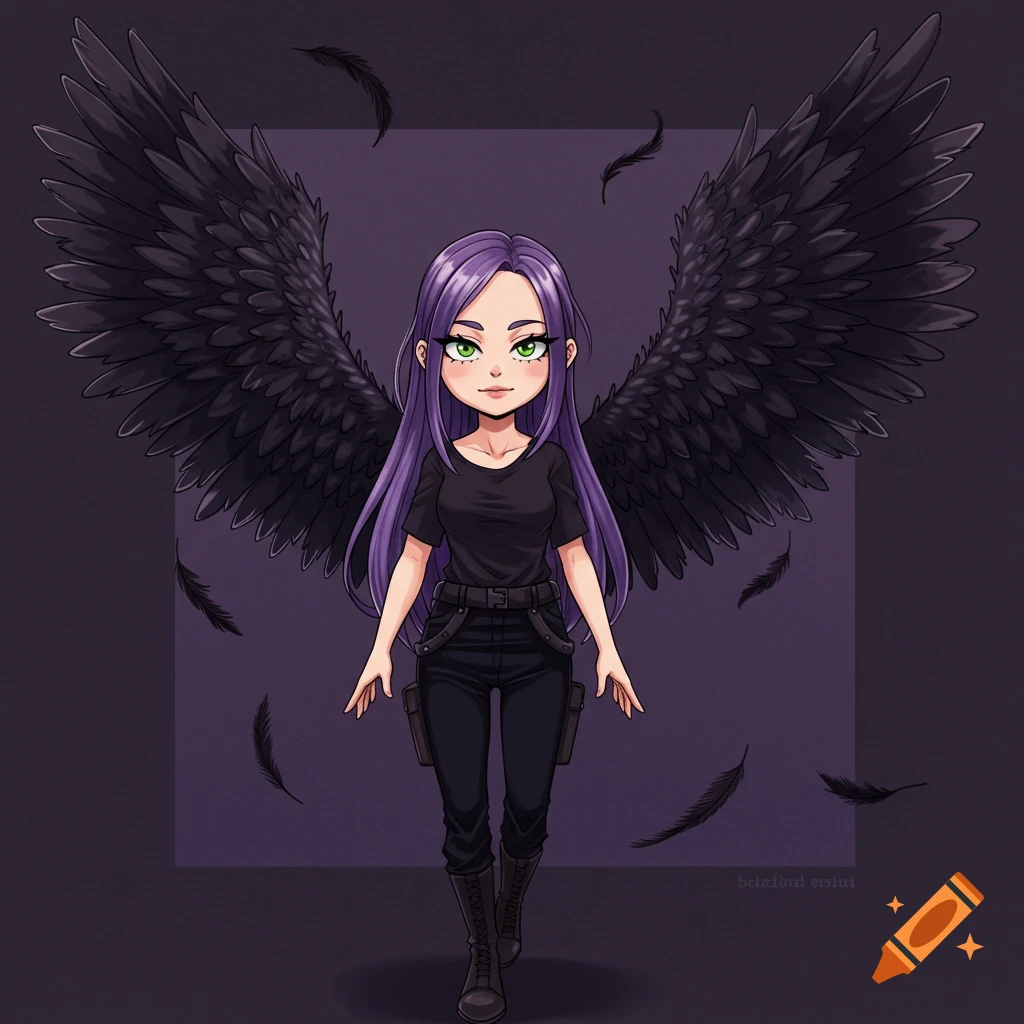 Anime character with purple hair and black wings in black clothing.