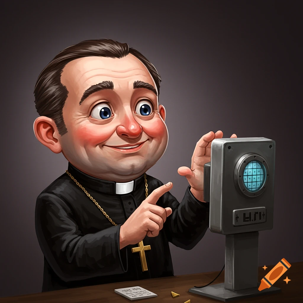 Cartoon illustration of a priest looking at a lie detector.