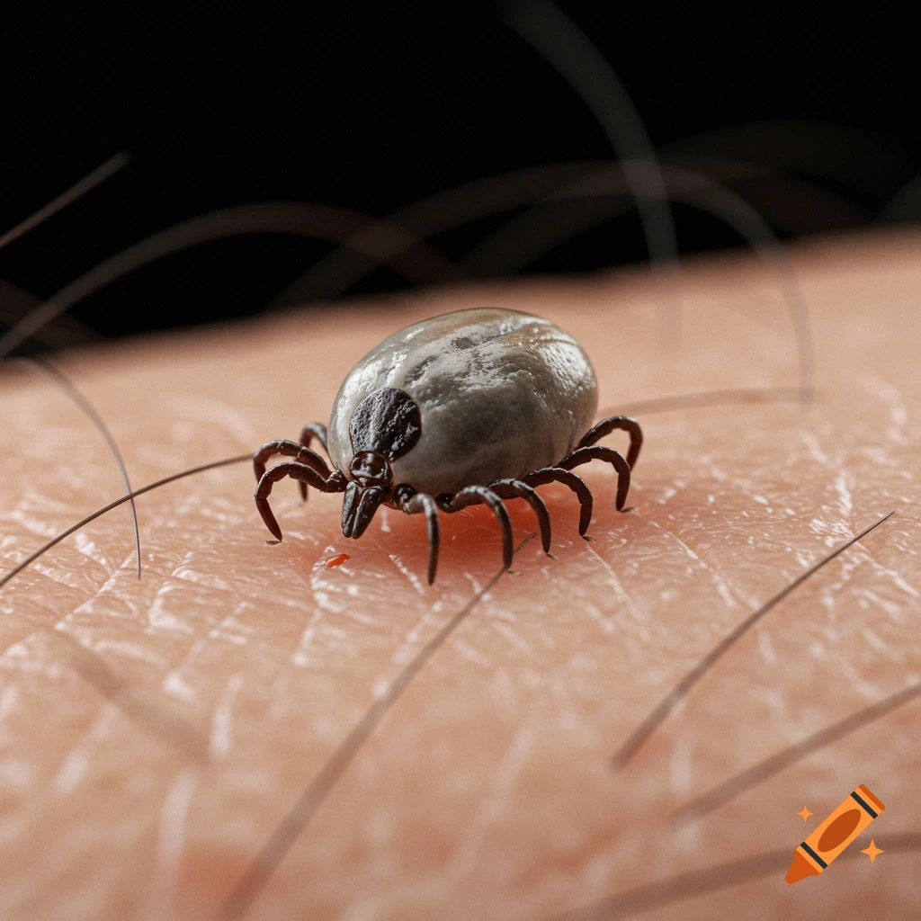 A close-up, high-detail shot of a tick embedded in human skin.