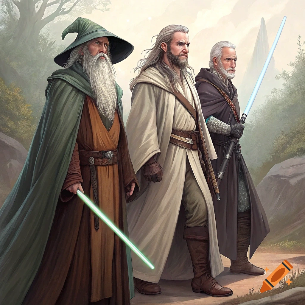 Illustration of three men resembling Gandalf, Qui-Gon Jinn, and Geralt of Rivia walking on a path with lightsabers.