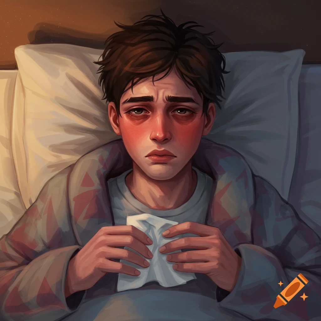 An illustration of a young person looking sick in bed, holding a tissue.