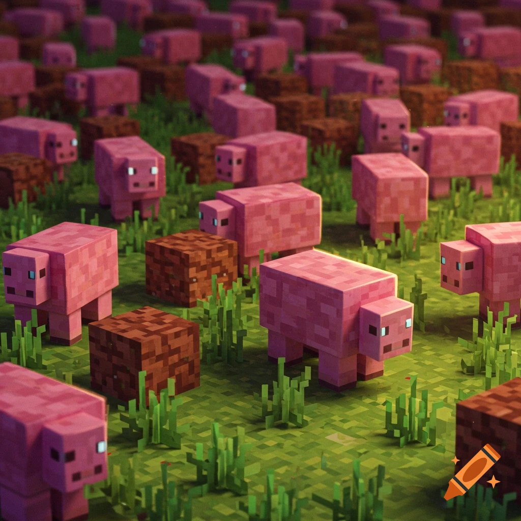 Many pink blocky pigs stand and lie in a grassy field with dirt blocks, rendered in a style reminiscent of a Minecraft movie.