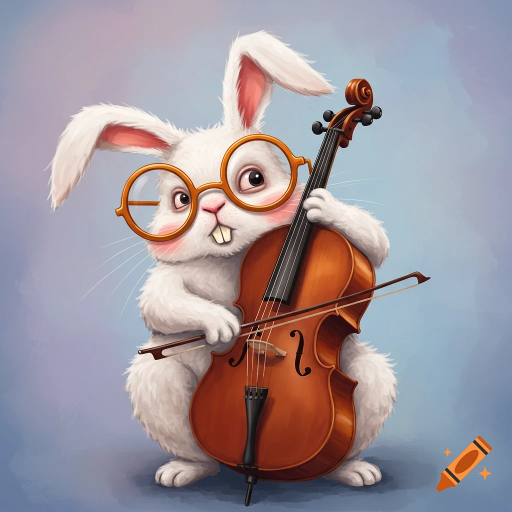A dorky white rabbit with orange glasses plays the cello.
