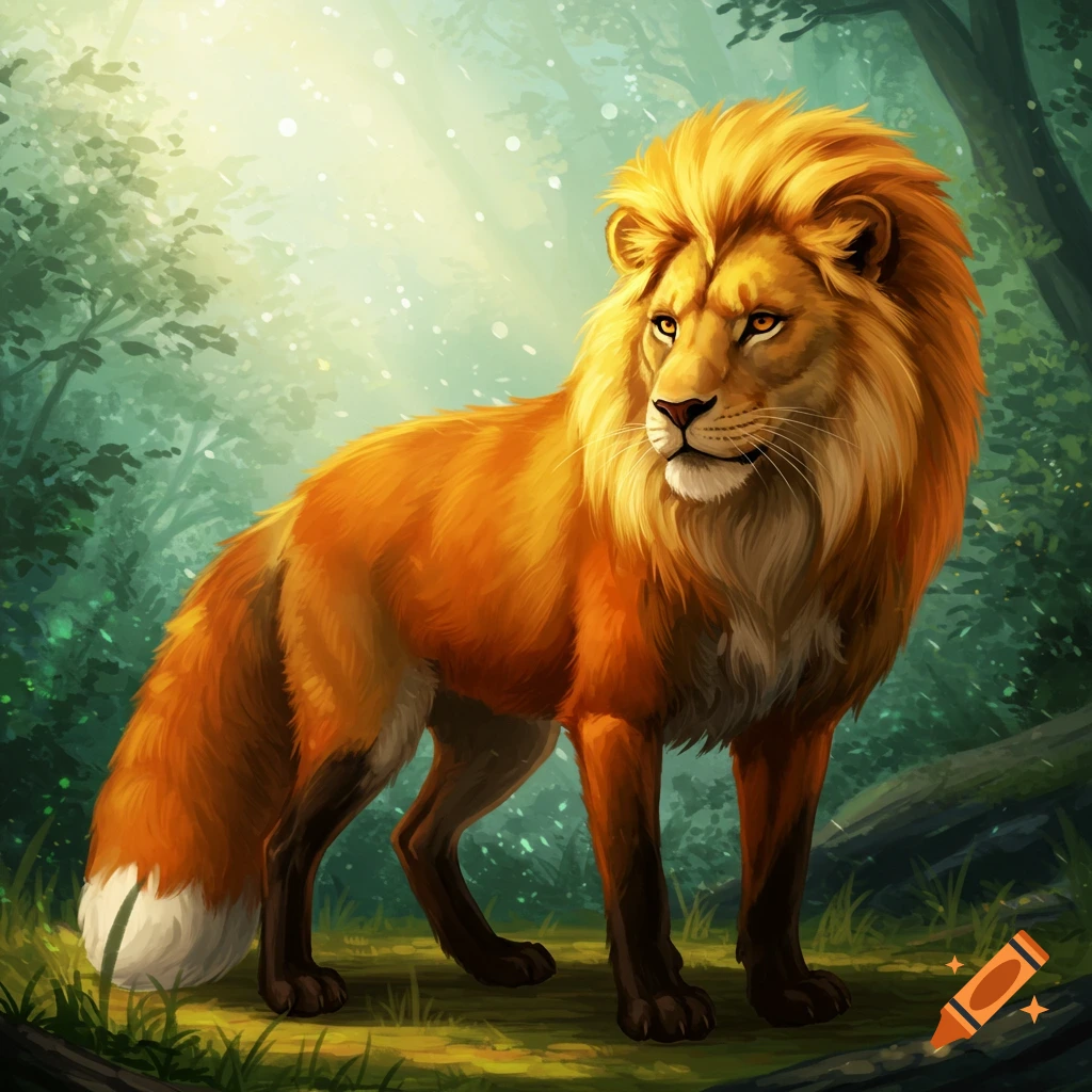 A fantasy creature that is half lion, half fox stands in a sunlit forest clearing.