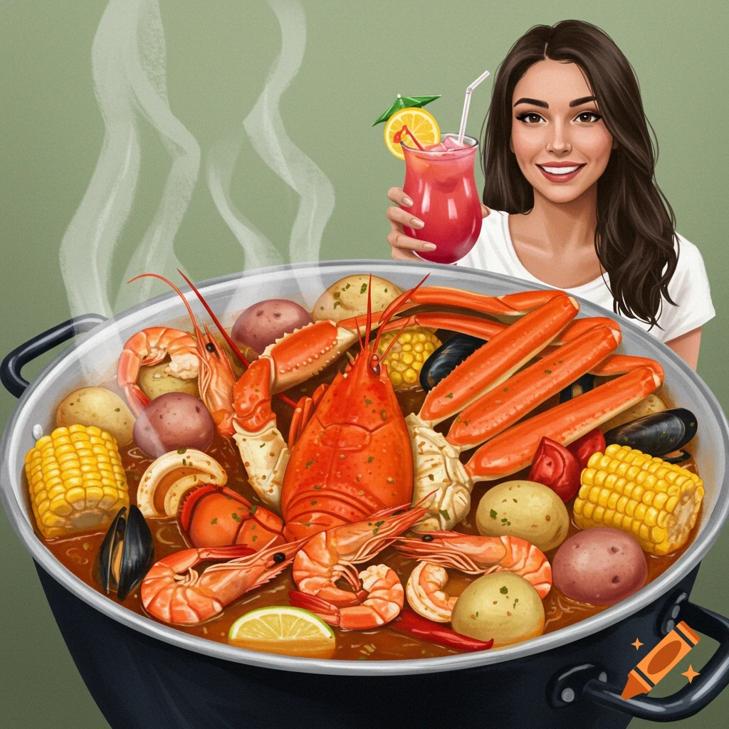 Illustration of a woman holding a pink drink next to a pot full of lobster, crab legs, shrimp, corn, mussels, and potatoes.