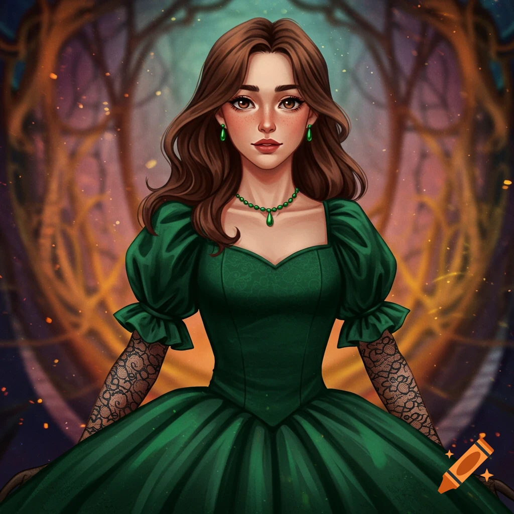 A woman with brown hair and freckles wears a green ball gown and black lace gloves against a blurred fantasy background.