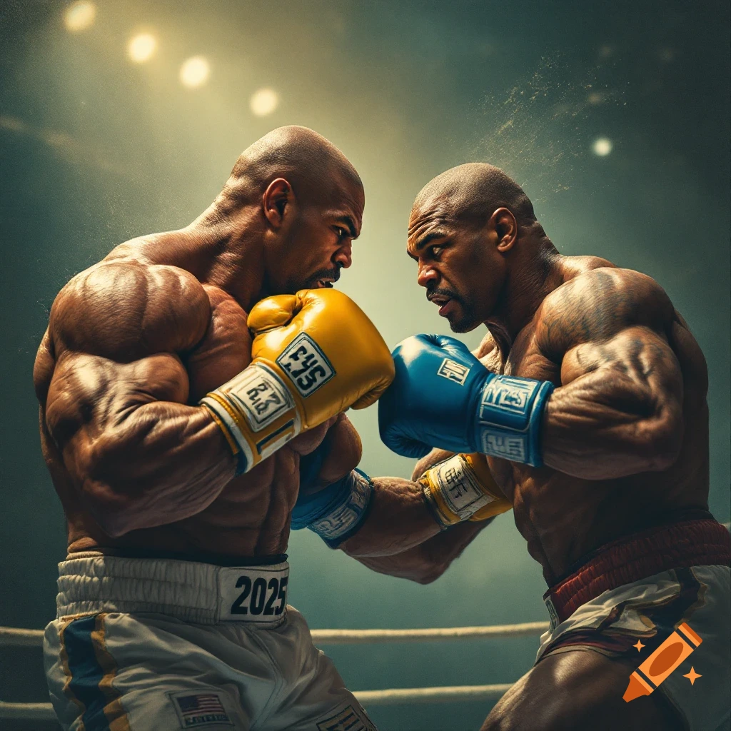 Two muscular boxers face off in a ring under bright lights, wearing yellow and blue gloves.