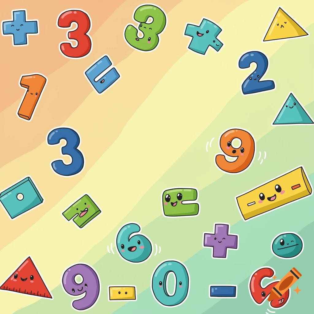 Cartoon numbers and math symbols on a rainbow background.