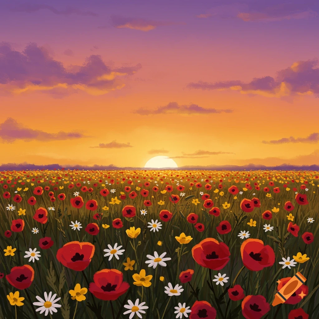An illustrative painting of a field of red poppies and white daisies under a vibrant orange and purple sunset.