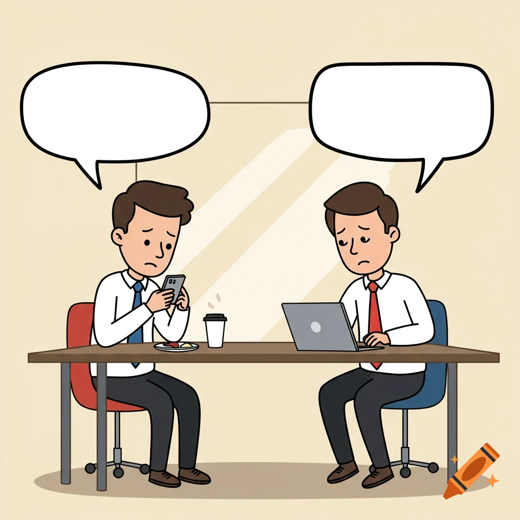 Cartoon of two sad coworkers at a table with phone and laptop, empty speech bubbles above them.