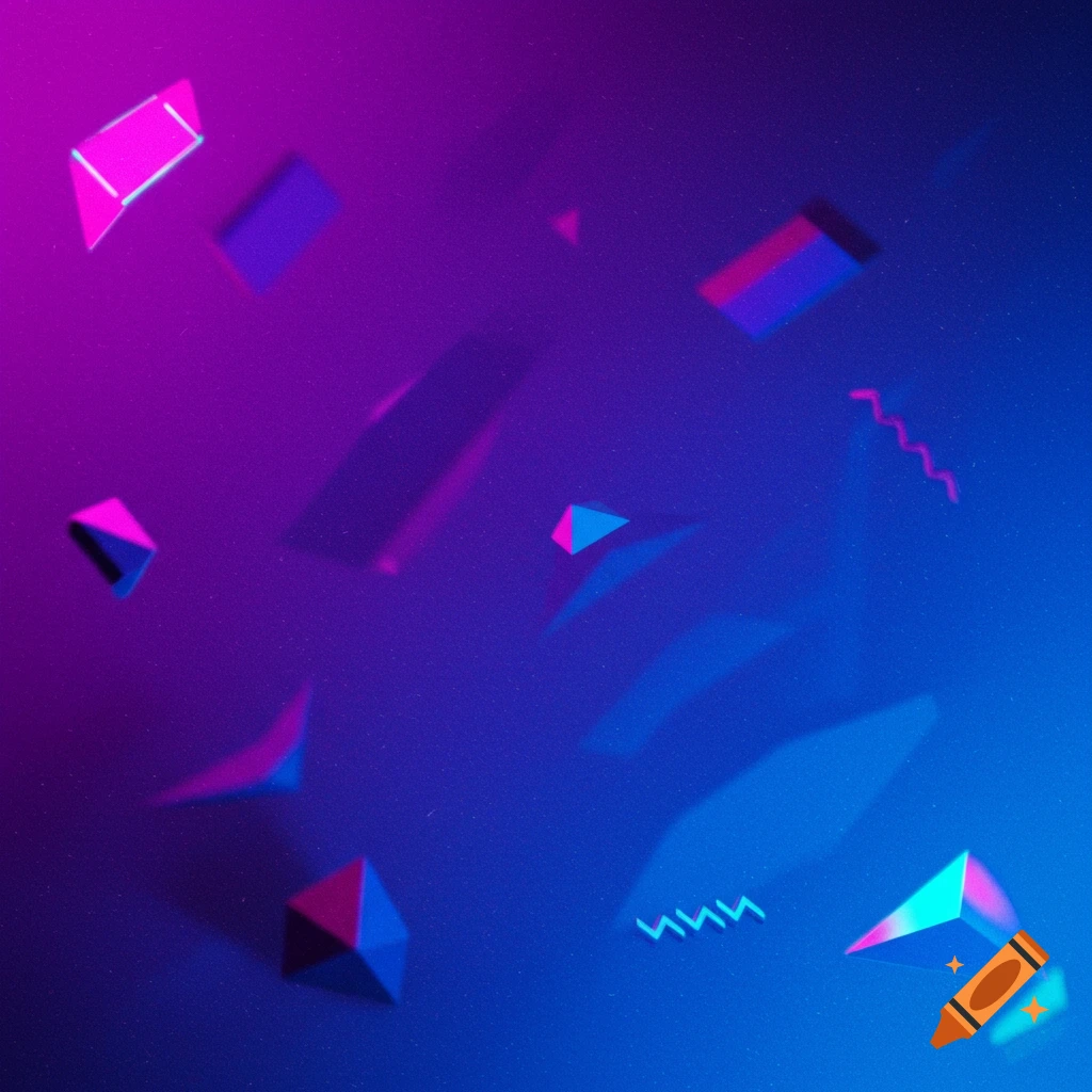 Abstract geometric shapes float against a pink and blue gradient background.