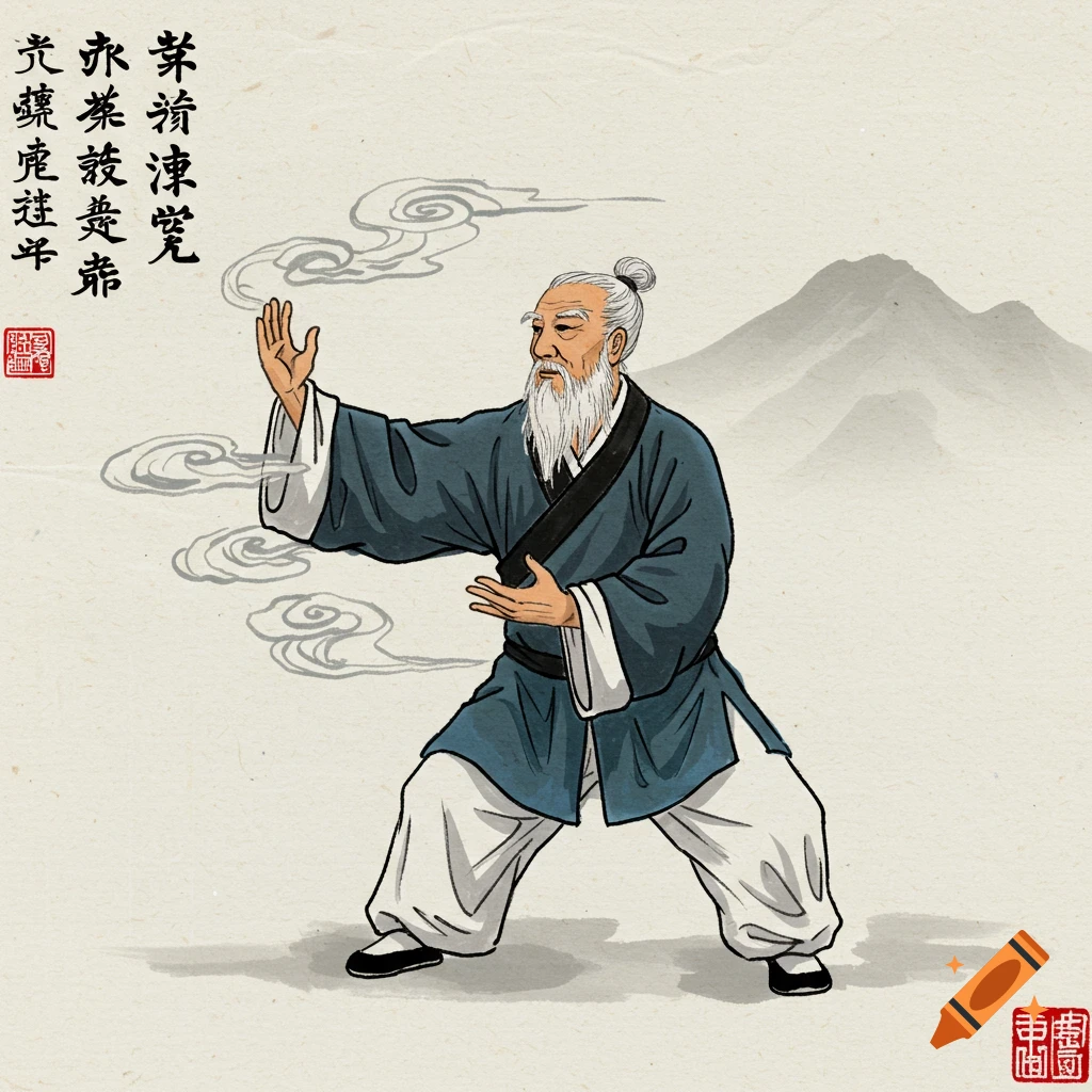 Old man doing tai chi 'hands like clouds' pose in traditional Chinese drawing style.
