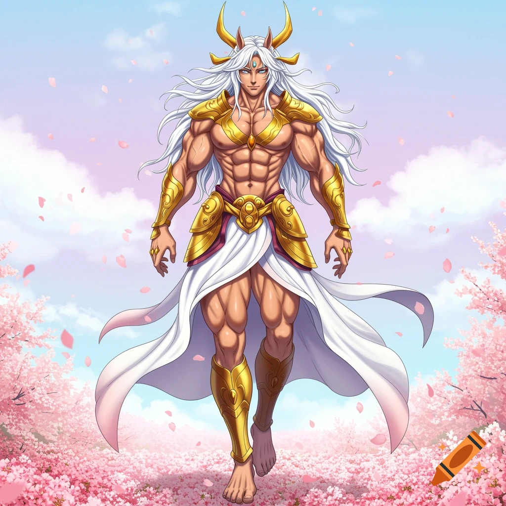 Muscular anime fantasy character with horns and golden armor walks through cherry blossoms.