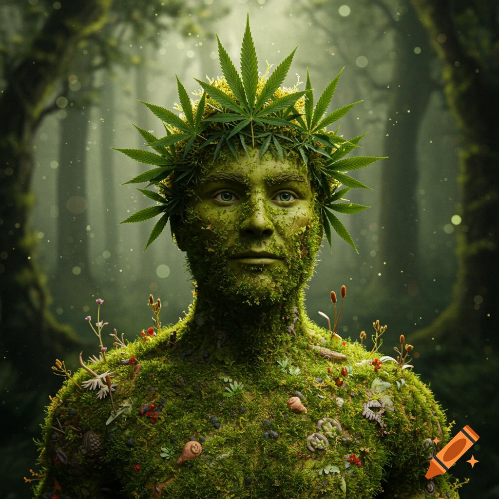 A man made of moss and plants with a cannabis leaf crown in a forest.
