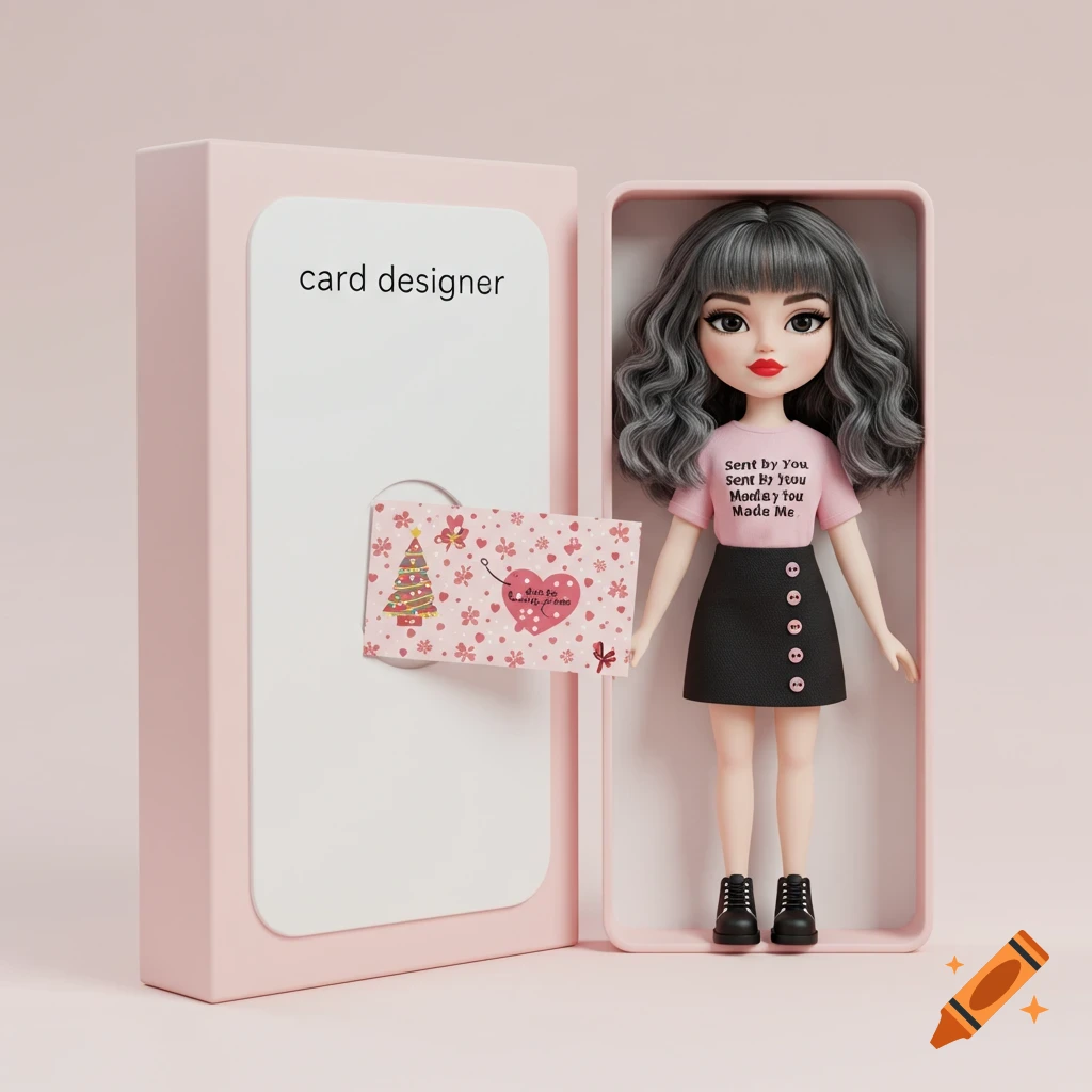 A 3D rendered image of a doll in a pink and white box labeled "card designer". The doll wears a pink t-shirt and black skirt.