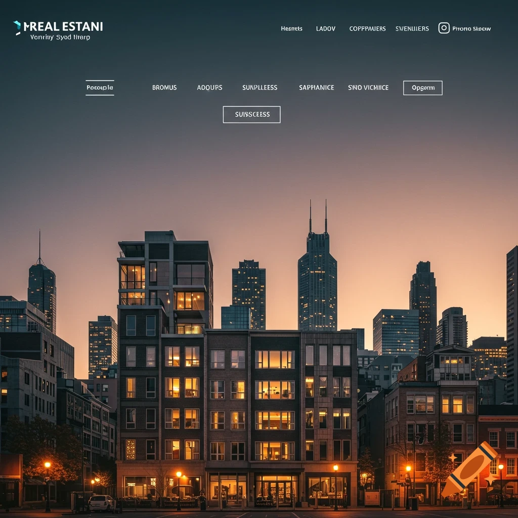 Photorealistic city skyline at sunset with buildings and street lights simulating a website header.