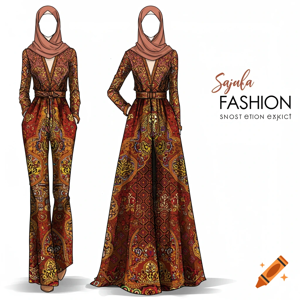 Fashion sketch of two looks with Arab-inspired patterns, a jumpsuit and a dress, worn by figures with hijabs.