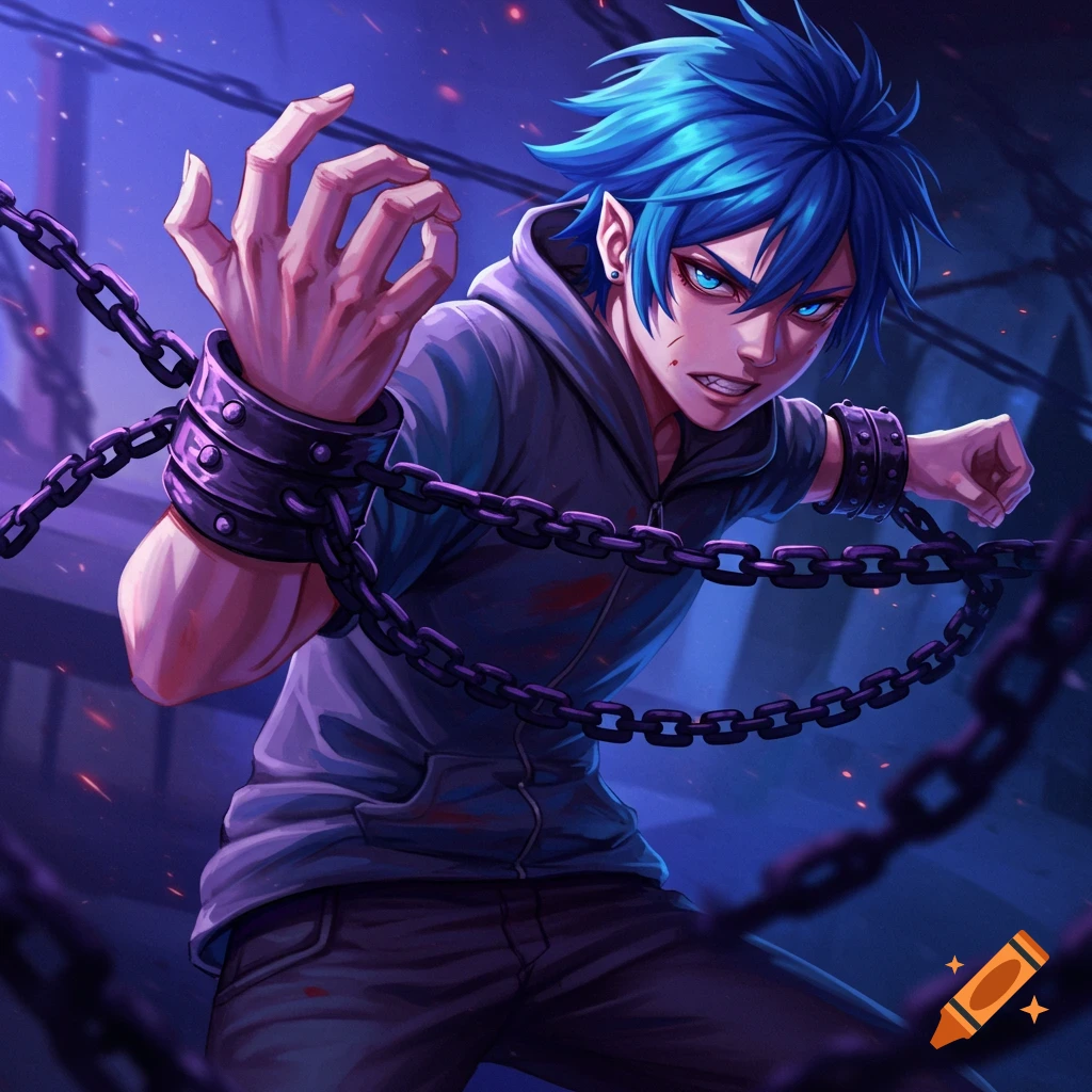 Anime illustration of a person with blue hair and glowing eyes, chained at the wrists, struggling against the chains.