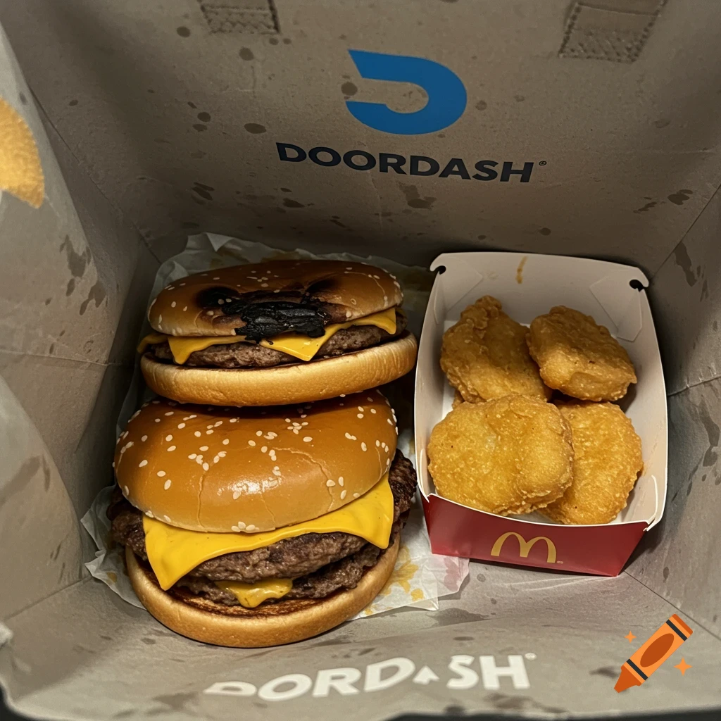 Two burnt cheeseburgers and chicken nuggets in a DoorDash bag.
